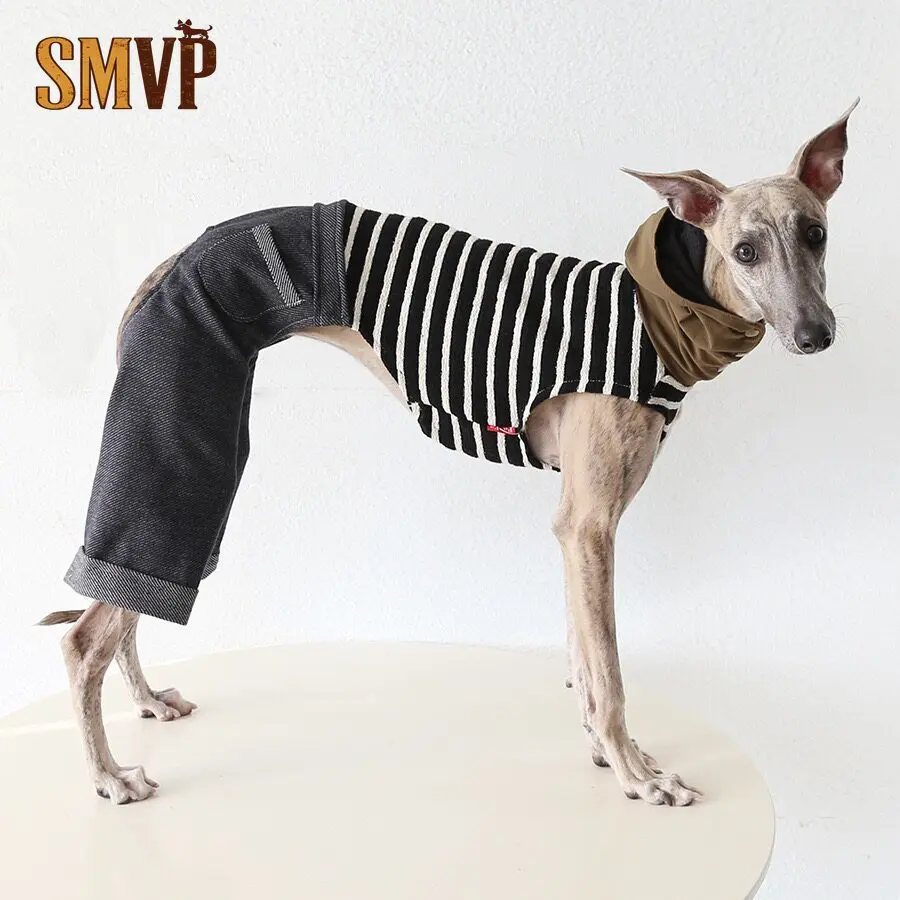 

Retro Tooling Style Dog Four Legged Pants Spliced Striped Knitted Top and Jeans Set Suitable for Slender Dog Breeds