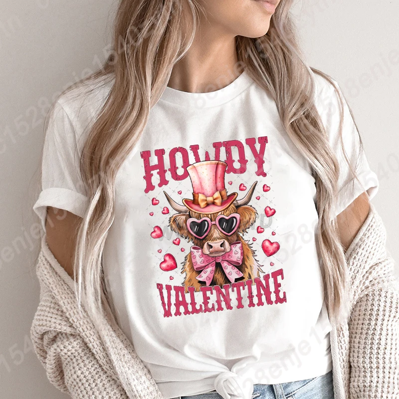 

Cute Cow Howdy Valentine Print T-shirts For Women Summer Fashion Casual Short Sleeve Round Neck Tops Ladies Solid Color T-Shirts