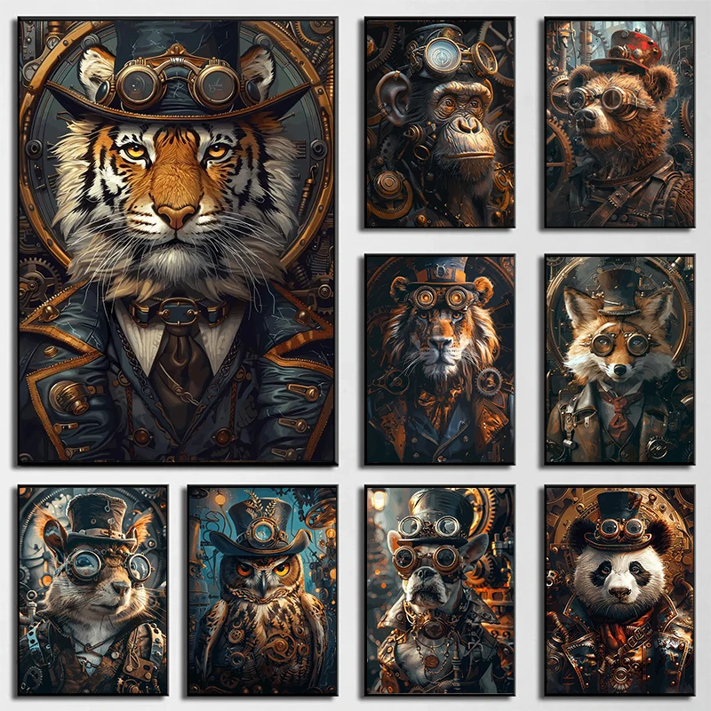 1pc frameless Steampunk Tiger Fox Owl Poster Art Canvas Painting and Prints Retro Funny Animal Lion Gorilla Poster for Living Ro