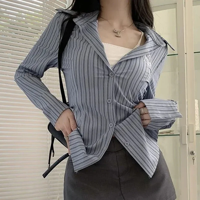 Y2K Women Striped Shirts Korean Fashion Embroidery Female Long Sleeve Tops Spring Casual All Match Student Shirt New