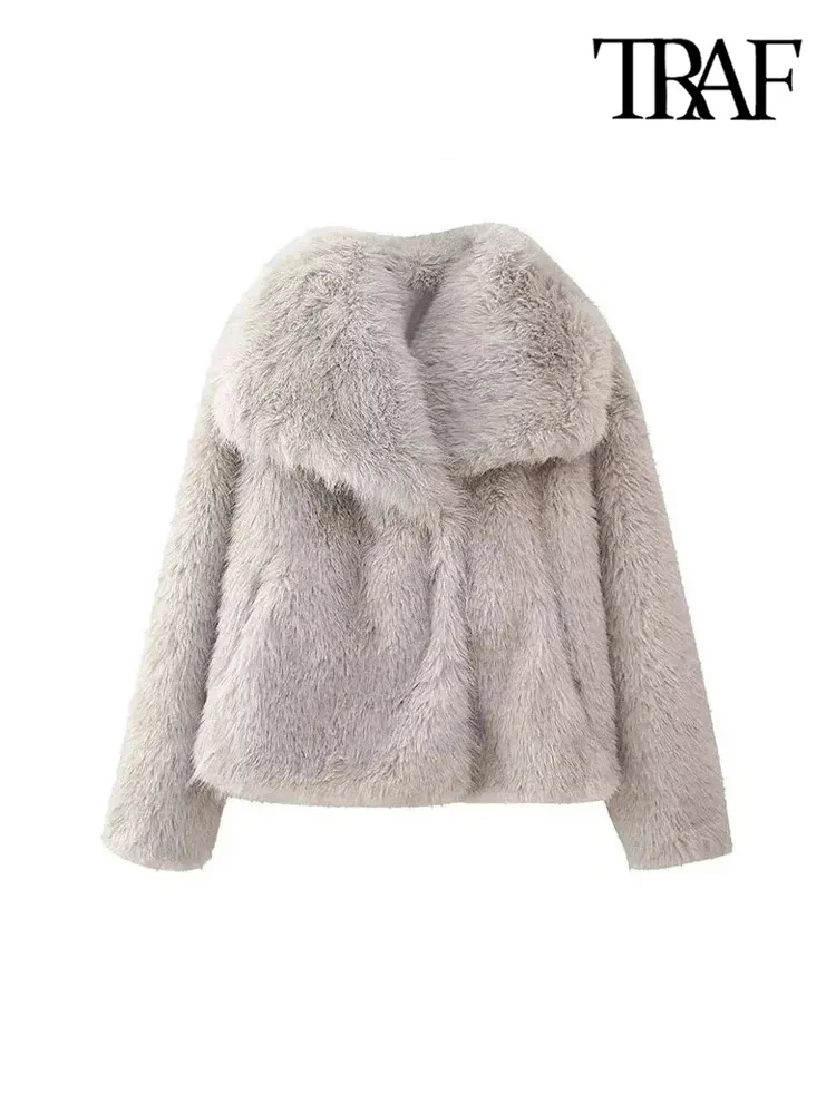 TRAF-Cropped Faux Fur Jacket for Women, Thick Warm Coat, Long Sleeve, Snap-Button, Female Outerwear, Chic Tops, Fashion