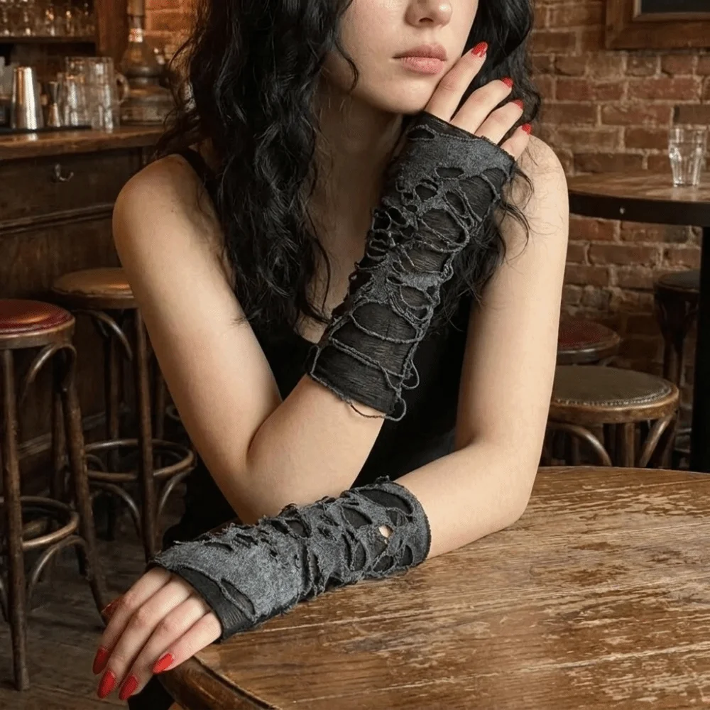 Fashion Gothic Style Fingerless Gloves Beggar Halloween Hollow Out Punk Gloves Breathable Tear Ripped Gloves Halloween