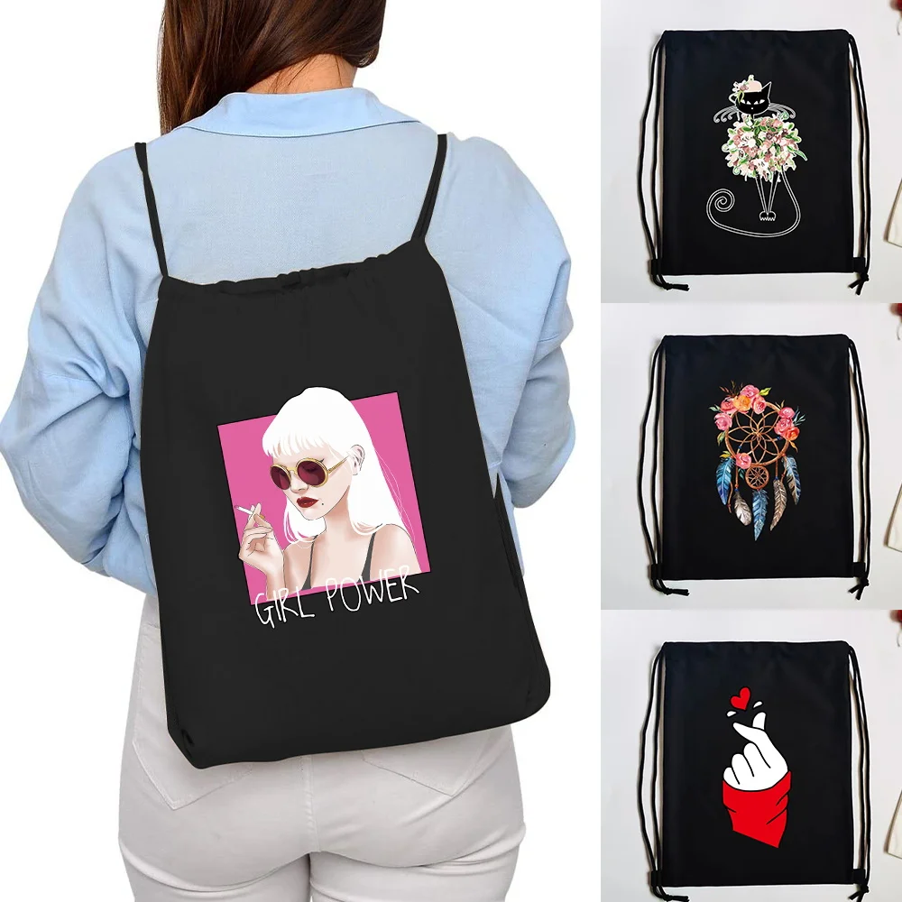 Unisex Shopping Drawstring Backpack Color Print Canvas Sport Bag Gym Storage Daily Carry Daypack Fashion