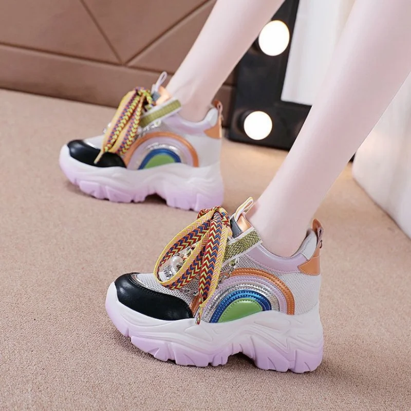 Patent Leather Ladies Casual Shoes Fashion String Bead Chain Girls Chunky Sneakers 8.5cm Heel Thick Sole Women\'s Platform Shoes