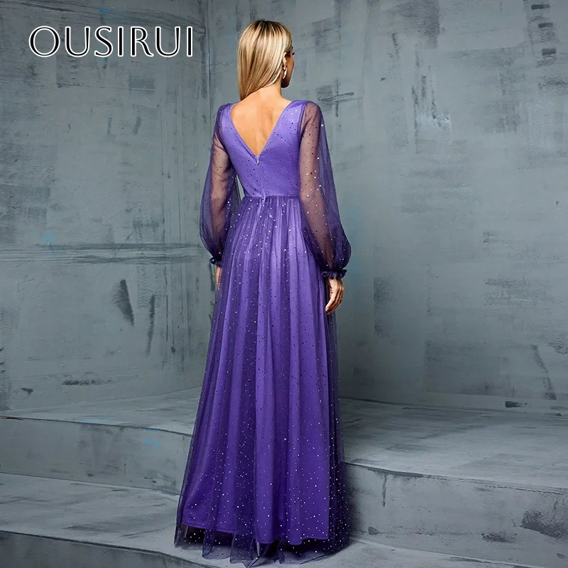 Simple V-neck A-line Long Sleeves Sequined Tulle Prom Gown V-back Floor Length Split Pleated Customized vestido de noiva