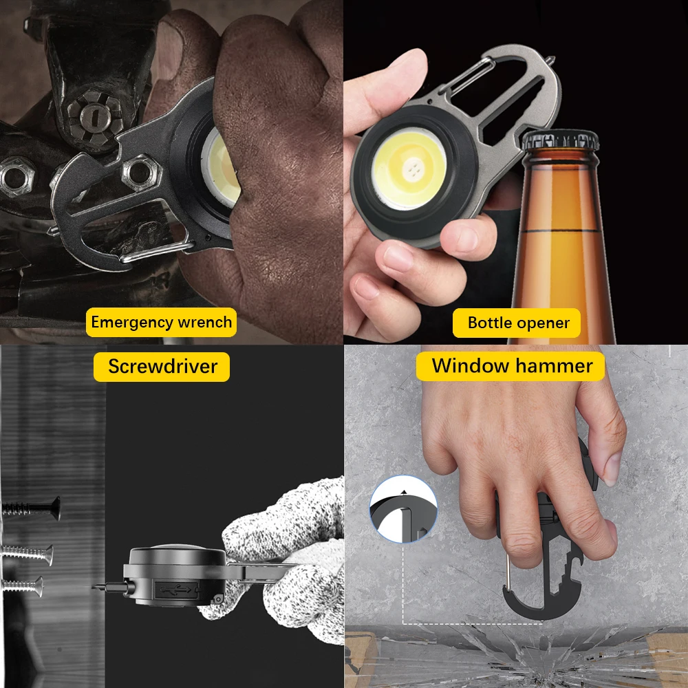 Mini LED Flashlight COB Keychain Work Light Powerful Camping Lantern with Hook Wrench Corkscrew Floodlight Waterproof Torch