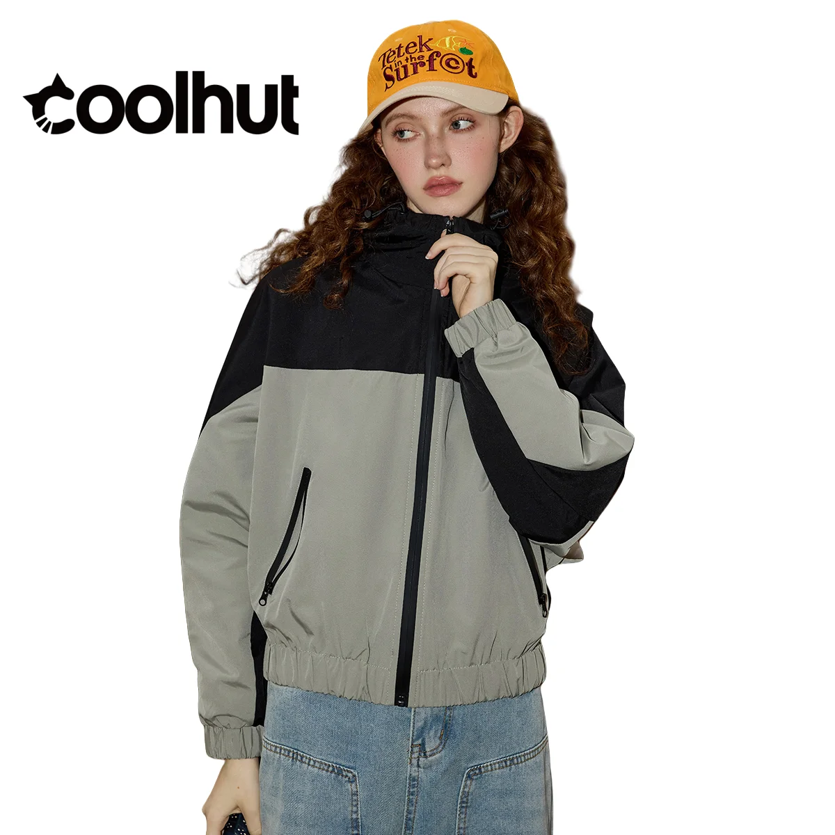 

COOLHUT Women's Cropped Coat American Vintage Color Block Hooded Jacket Oversized Utility Casual Loose Fit Outerwear Streetwear