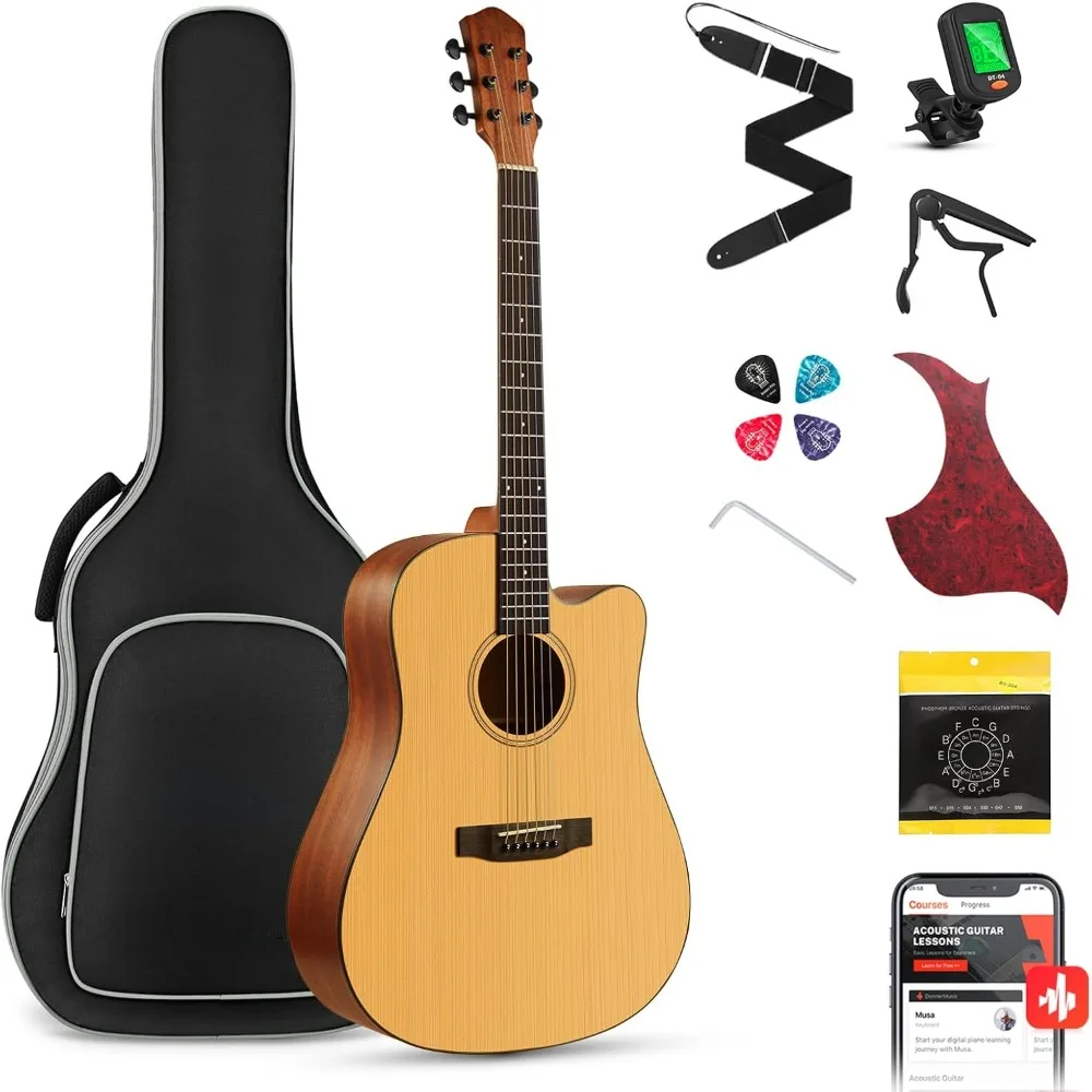 

Original Acoustic Guitar with Guitar Case, Tuner, Strap, Strings, Plectrum, Capo, Cut, Natural, Suitable for Beginners