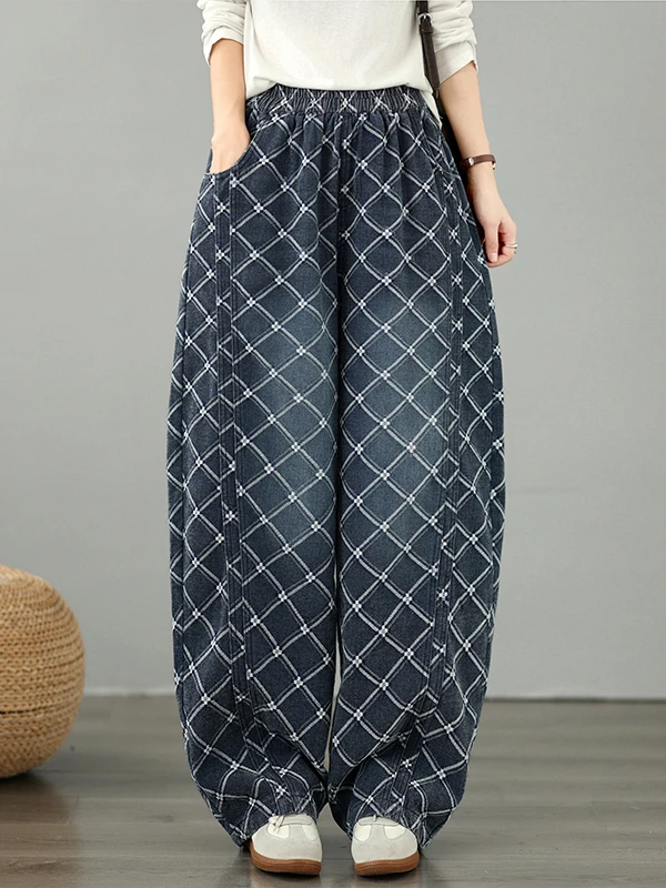 plus Size Women's Floral Embroidered Flocked Denim Wide Leg Pants Elastic Waist Loose Fit Slimming High Waist Casual Jeans