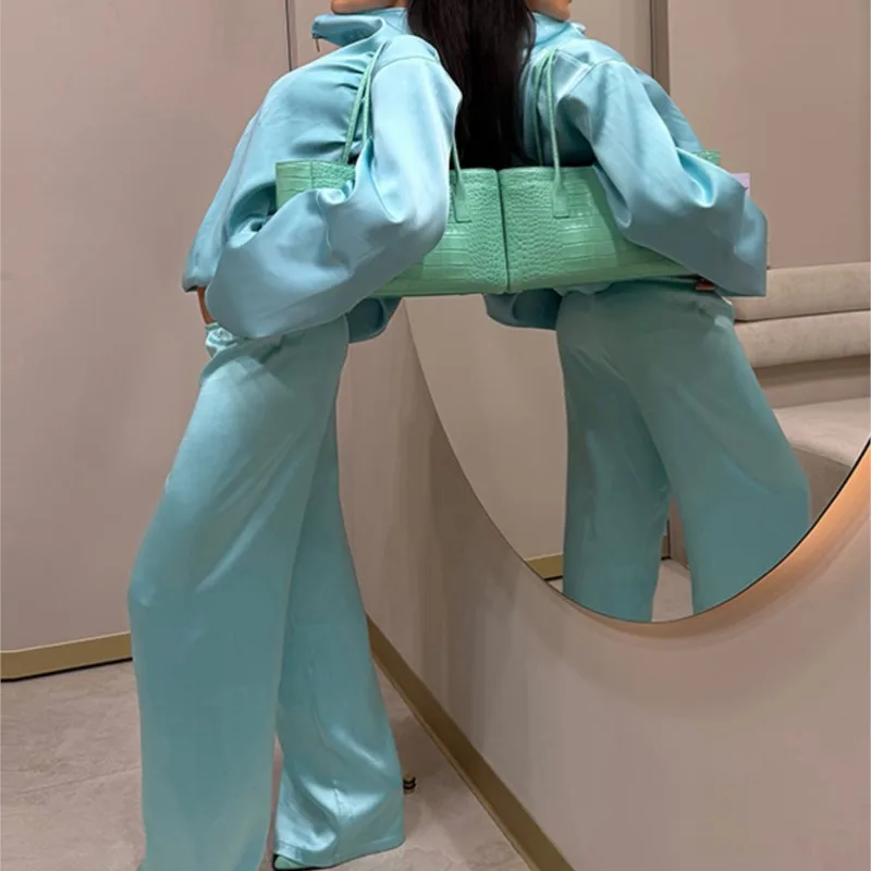 Women Satin Two Piece Set Zip Up Jacket Wide Leg Pants Tracksuit Silky Loose High Waist Elegant Glossy Casual Outfit Pant Suit