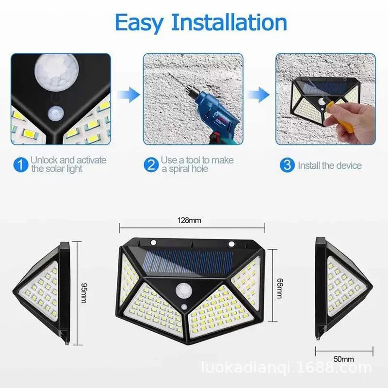 Sensor de movimento Solar Powered Wall Lights, Lâmpada exterior impermeável, Sunlight Street Light, Decoração do jardim, 100 LED