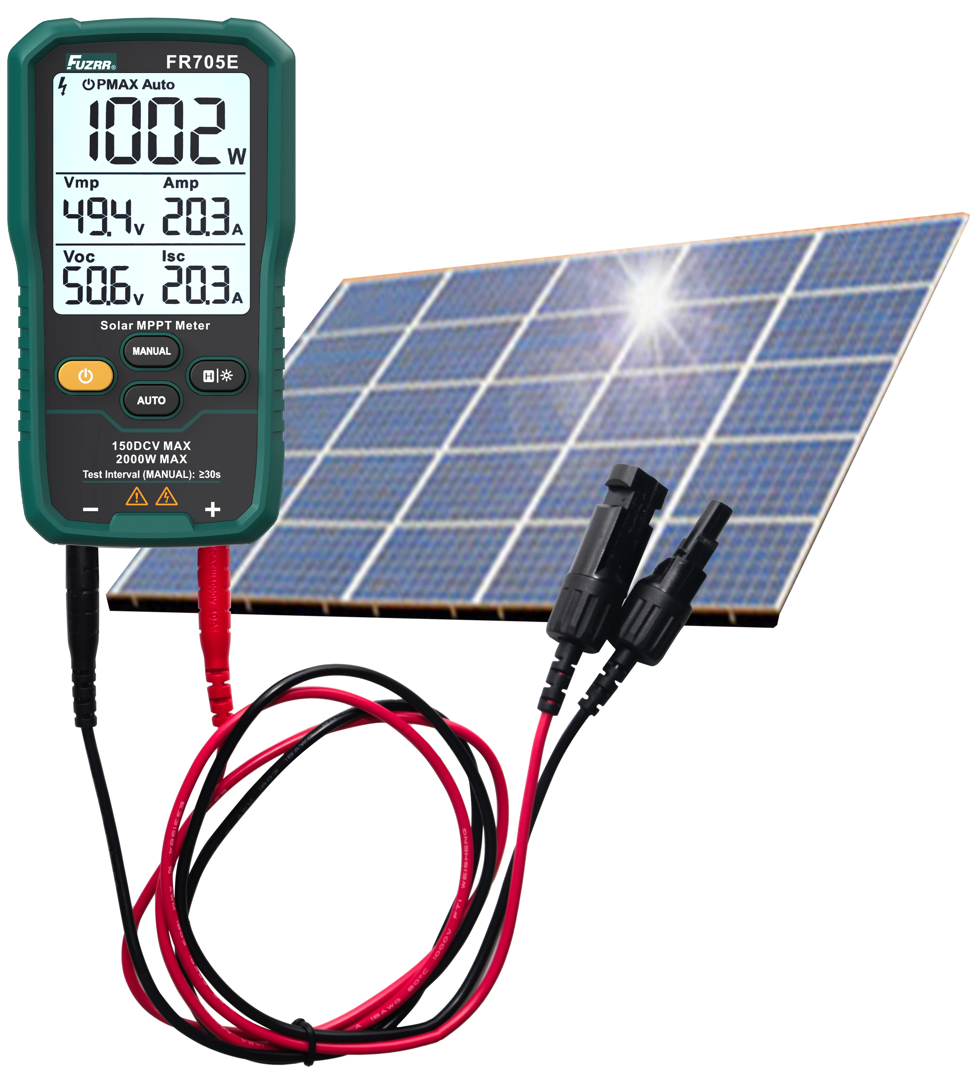 FUZRR FR705E Solar MPPT Meter 2000W PV Module Maximum Power Tester Open Circuit Voltage Short Circuit Current Lmp Vmp Test