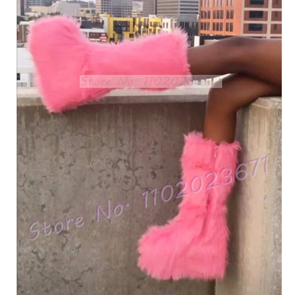 Chunky Heel Platform Tall Boots With Fur Women Fashion Winter Warm Furry Shoes Girl\'s Lovely Festival Side-zip Knee High Boots