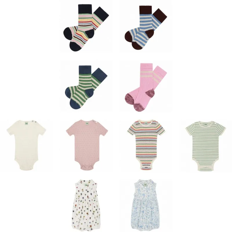 

Детские комплекты в стиле Ins 2026: Датский FUB летний вязаный комбинезон с принтом и цветовыми блоками, полосатые носки для мальчиков и девочек, детская одежда