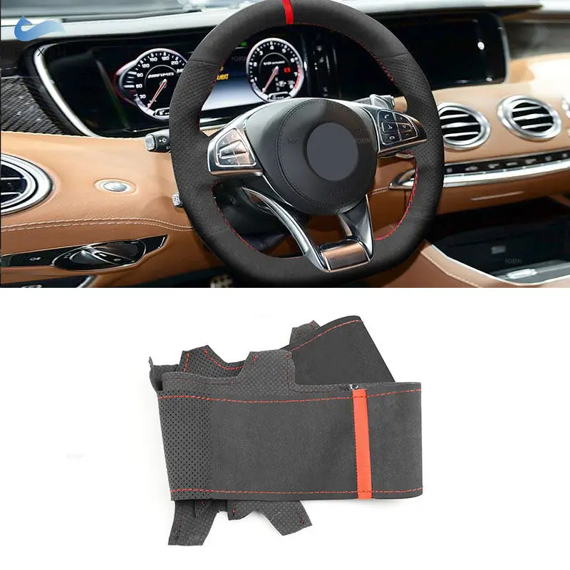 Hand-stitched Suede Leather Car Steering Wheel Cover Trim For Mercedes Benz A Class AMG A45 C 43 63 2015-2018 S-Class S500 2016