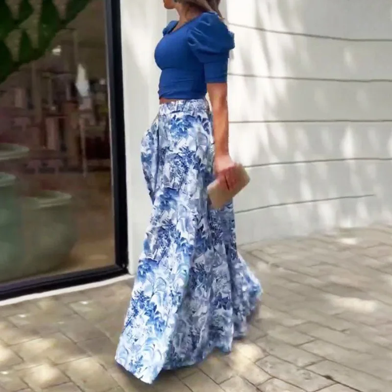 Women Sexy Sleeveless Crop Top Print Long Skirt Suits Summer O Neck Female Beach Dress Suits Lady Slim Holiday Two Piece Sets