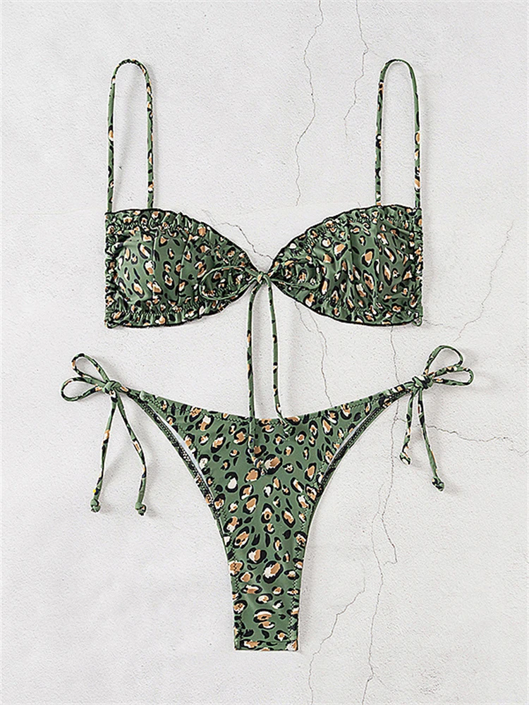 Strój kąpielowy damski Bikini 2024 New Green Leopard Ruffle Sling Bikini Set Sexy Lace Up Swimwear Summer Beachwear Strój kąpielowy damski