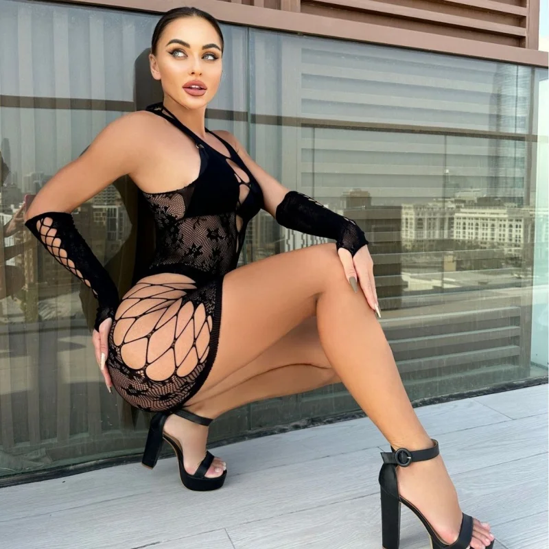 انظر من خلال الخامس الرقبة عالية تمتد مثير شبكة صيد السمك التستر مع الأكمام الجوف خارج Bodycon Dress5104 #