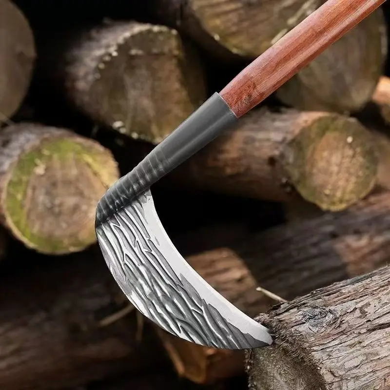 Hammer Texture Forged Manganese Steel Sickle Handmade Dual Purpose Curved Knife Outdoor Weeding Logging Land Reclamation Farm To