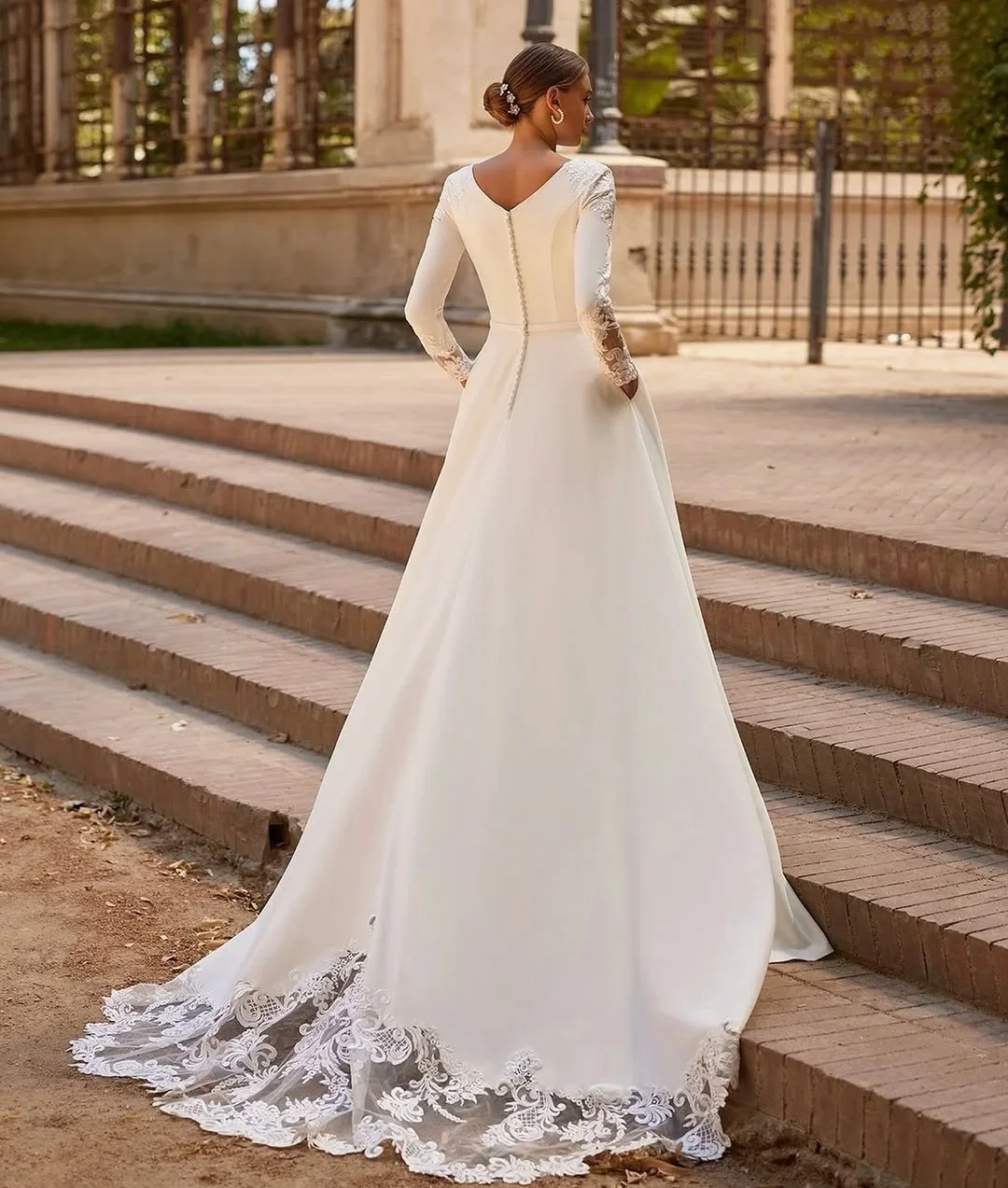 

Индивидуальные элегантные женские свадебные платья А-силуэта с длинными рукавами, на пуговицах, потрясающие, с карманами и кружевными аппликациями