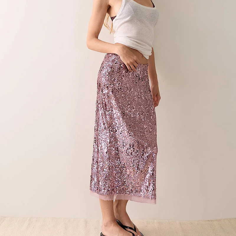 Women Fashion Hight Waist Solid Color Half Skirt Casual Mesh Splicing Slim Party Skirts Elegant Shiny Sequins Club Night Skirts