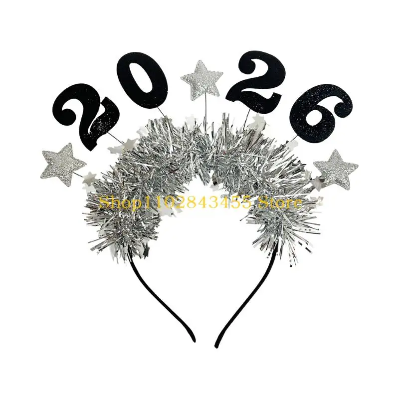 49MC 2026 Glitters New Year Headbands With Star Tinsel Decors Headwear For Women Men Kids Holiday Party Celebration Accessory