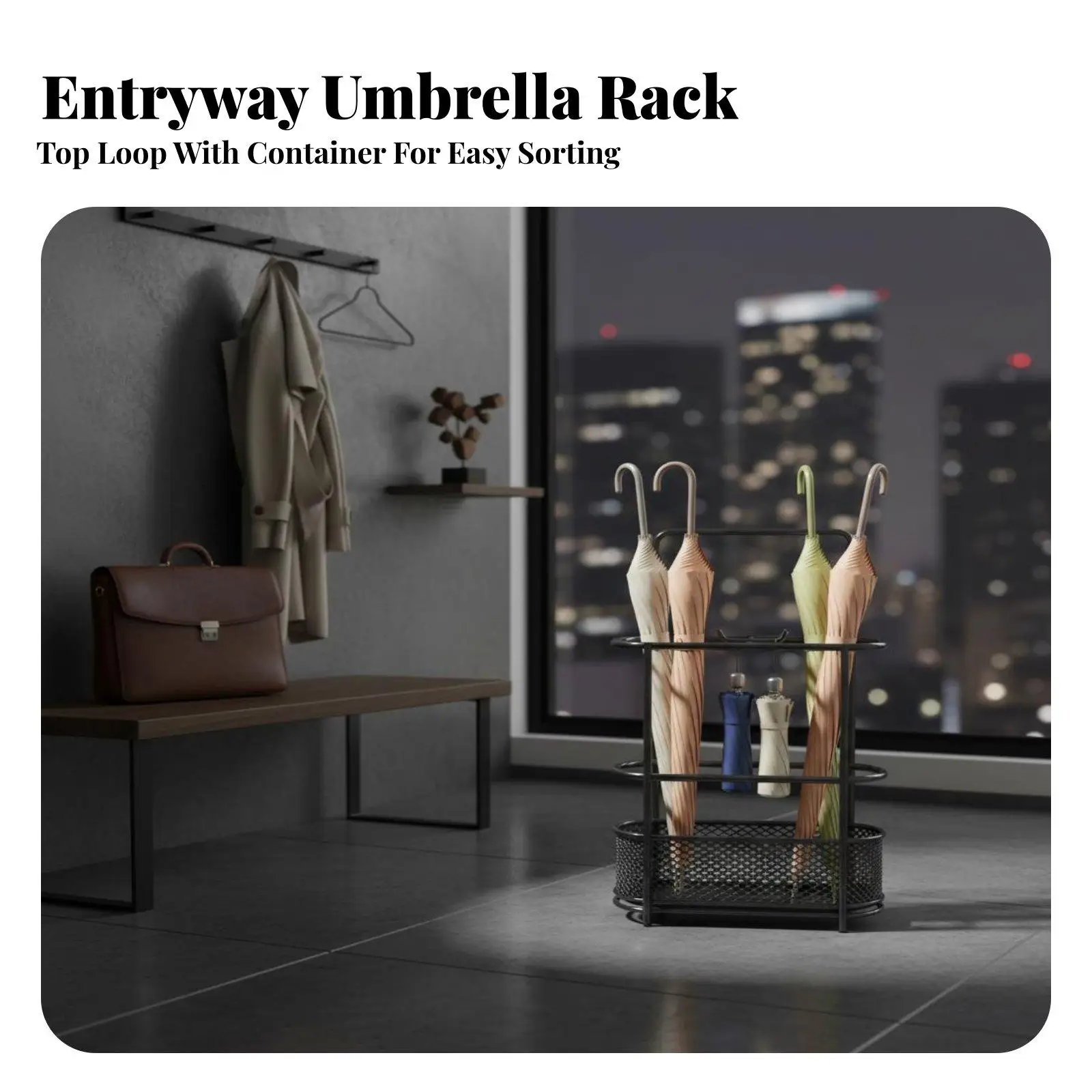 Rustic Industrial Holder Umbrella Basket with Hooks for Entryway Hallway Durable Iron Frame with Anti Rust Paint and Removable
