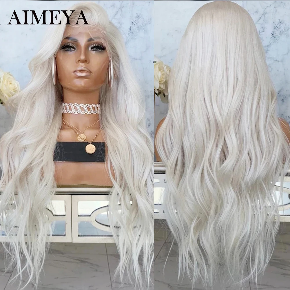 AIMEYA Wig pirang Platinum Wig panjang sintetis renda depan rambut sambungan rambut sintetis tahan panas serat bebas bagian Wig Cosplay