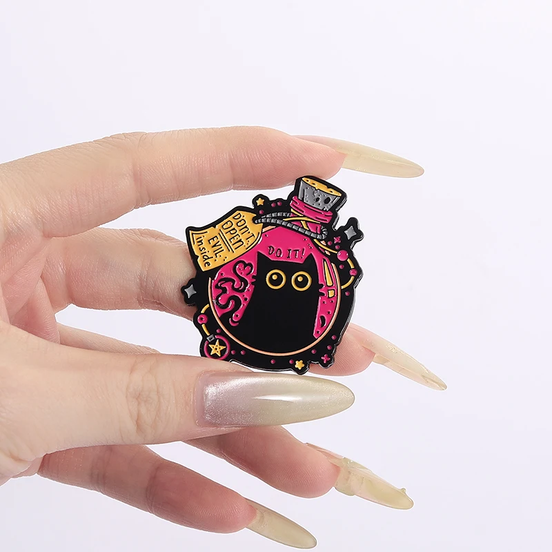 Cartoon Witch Black Cat Elf Enamel Pin Don't Open Evil Inside Big Eyes Kitten Brooch Lapel Badge Funny Jewelry Gift for Friends image 6