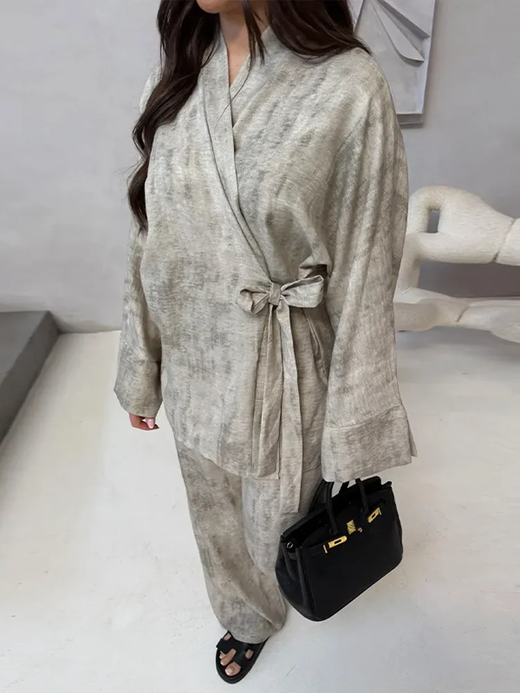 

Vintage Women's Trouser Suits Loose V-neck Lace Up Long Sleeve Shirts Wide Leg Pants Spring Summer 2 Pieces Set Women