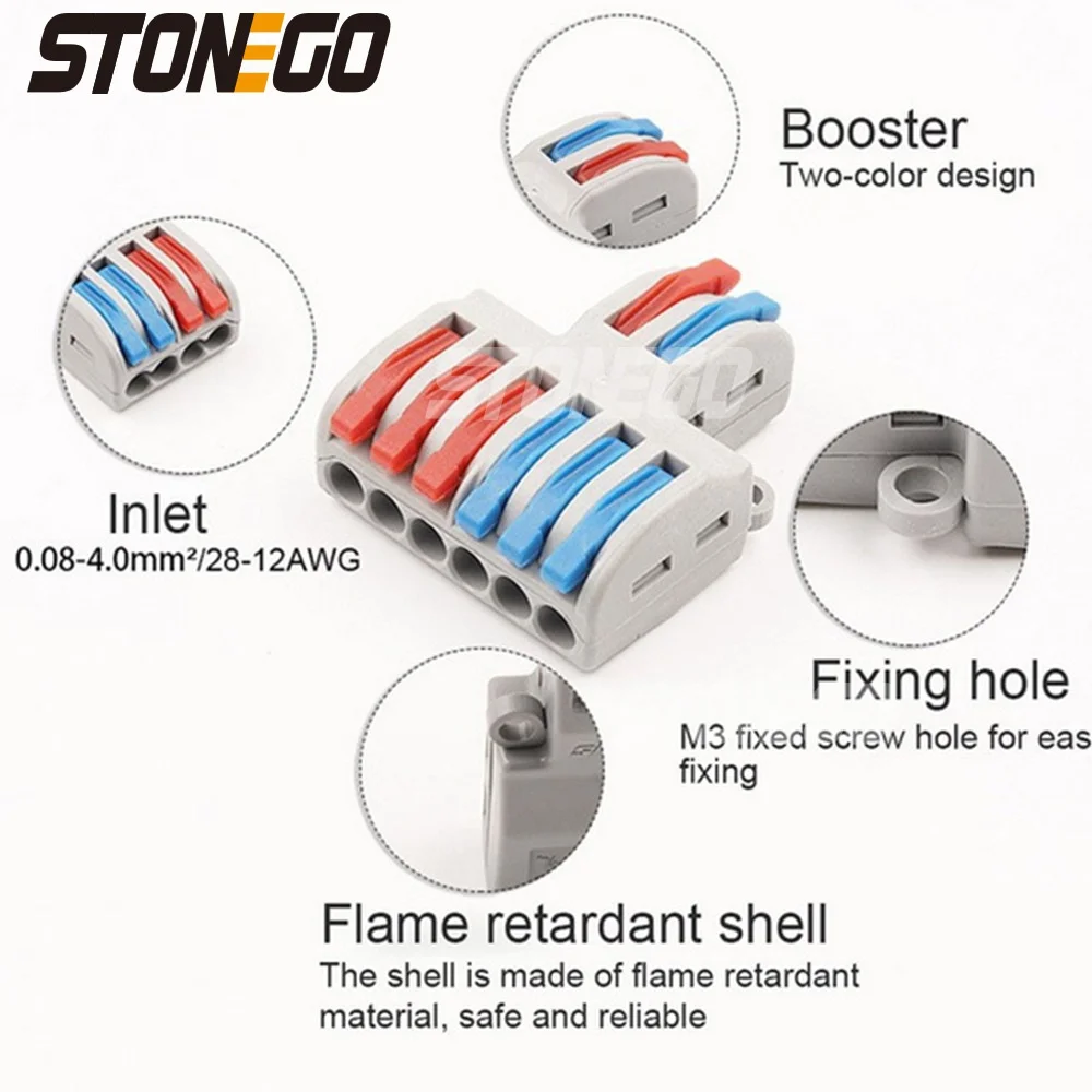 STONEGO Mini Fio Conector Rápido 2 Em 4/6/8 Out Terminal Divisor Conector de Cabo de Fiação Compacto