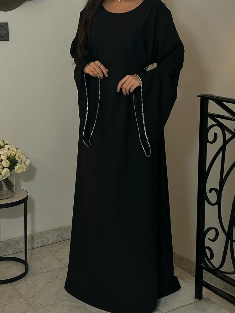 Vestido abaya muçulmano manga de diamante para mulheres, vestido de festa Eid Ramadan, vestido longo com cinto, kaftan marroquino, Dubai Robe Jalabiya