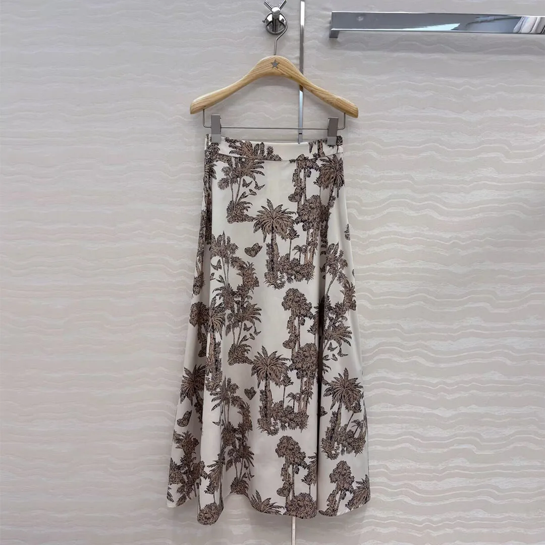 

2025 New Fashion Vintage Elegant Coconut Tree Print Pattern Long Skirts Womens High Waist Side Buttons Sweet A-line Skirt