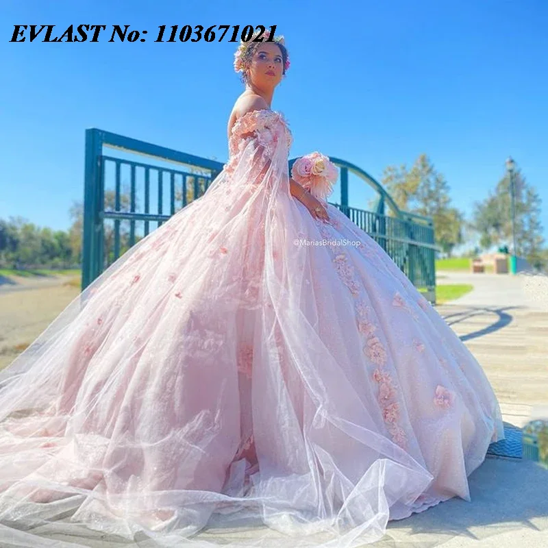 EVLAST Customized Pink Quinceanera Dress Ball Gown 3D Floral Applique Beading Cape Corset Sweet 16 Vestidos De 15 Anos SQ562