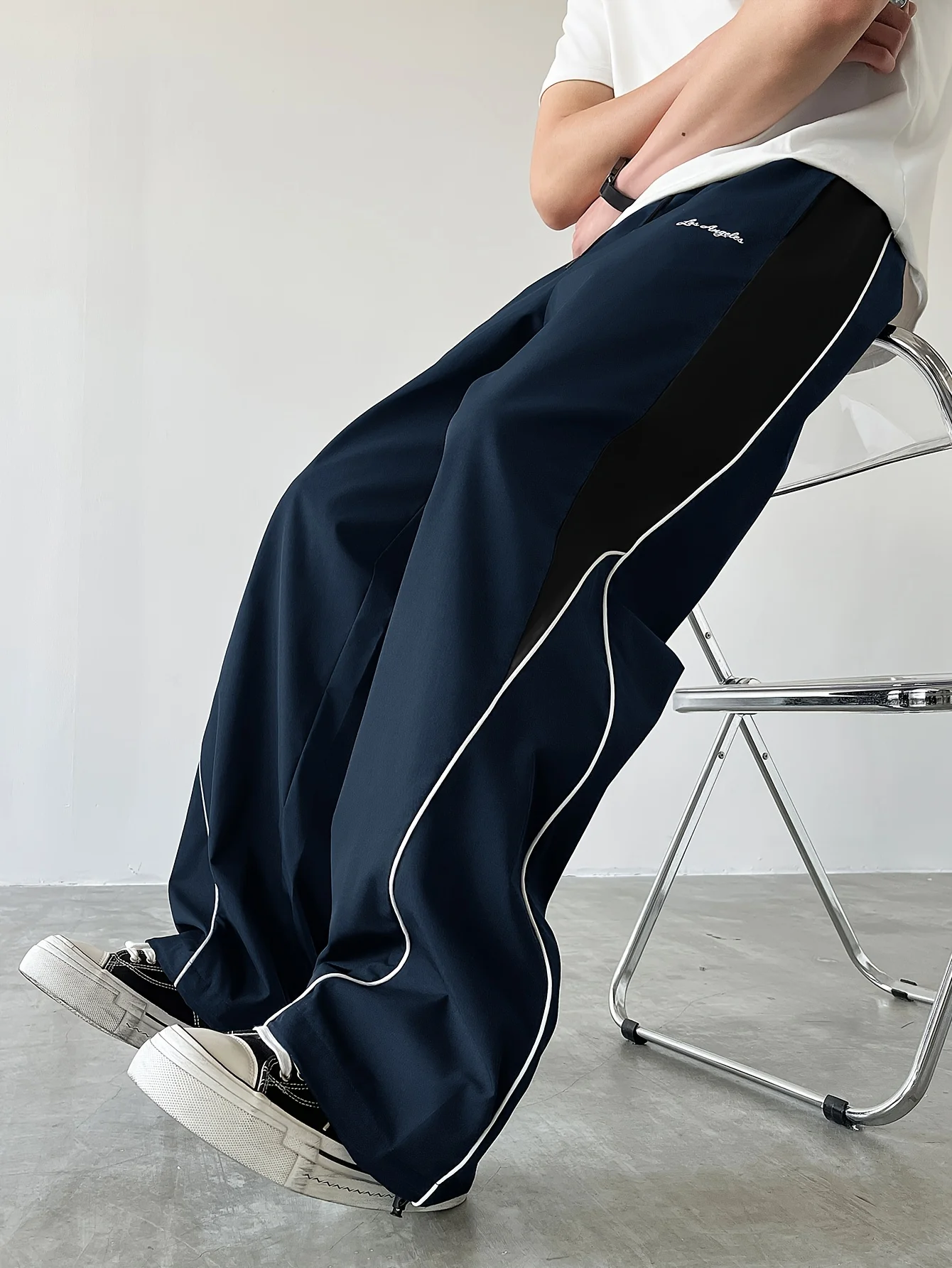 2026 Contrast Curved Side Panel Wide Leg Pants, Black Gray Color Block Loose Lightweight Casual Streetwear Wind Trousers Kids