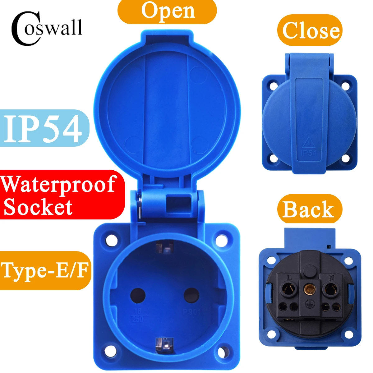 COSWALL IP54 Industrial Waterproof German/French Socket with Cover