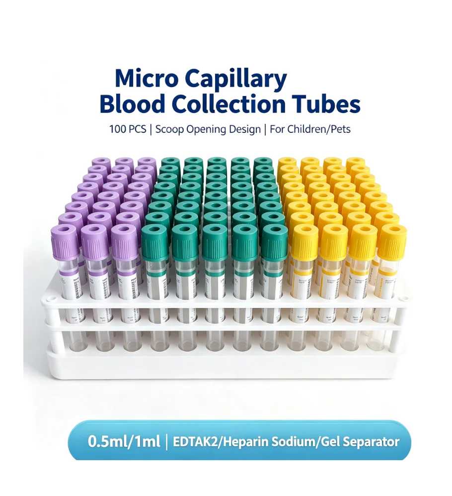 100pcs Micro Capillary Blood Collection Tubes 0.5ml 1ml Scoop Opening EDTAK2 Heparin PP Plastic Tubes for Pediatric Pet Veterina
