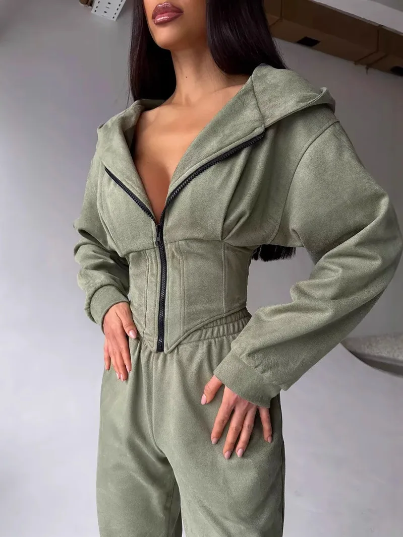 

Women's Pure Color Hooded Sweatshirt And Pants Set Waist-Cinching Long Trousers Casual Sportswear Two-Piece Ensemble