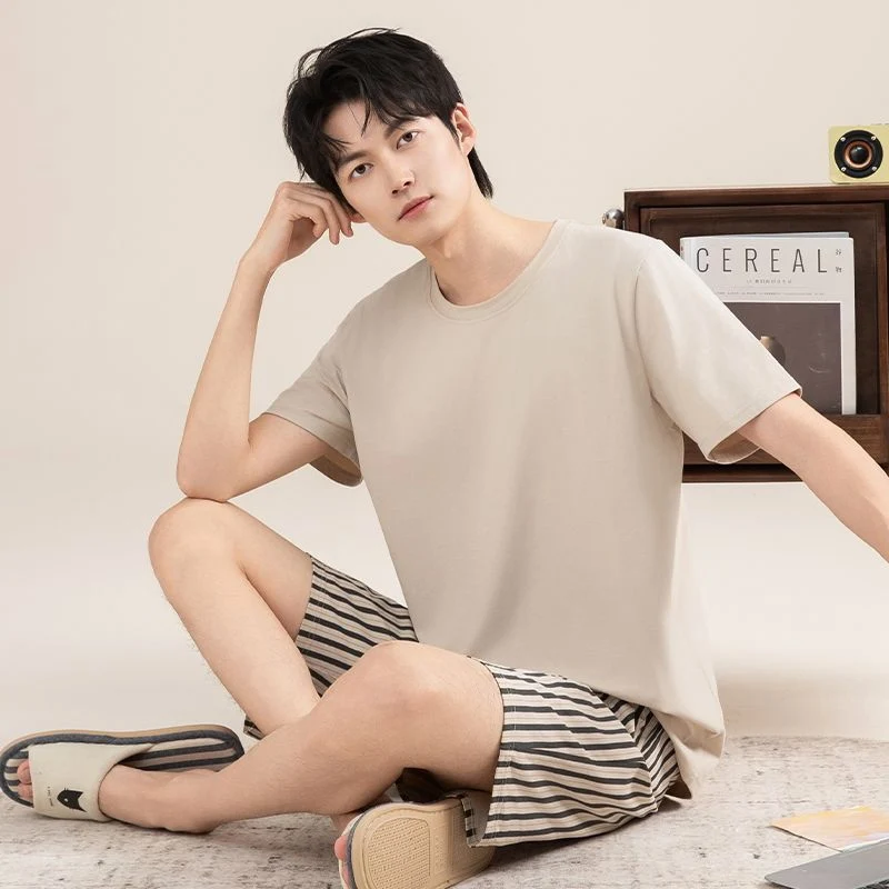 2026 New Summer Short Sleeve 100% Cotton Pajama Sets for Men Korean Loose Sleepwear Pyjama Male Loungewear Homewear Home Clothes
