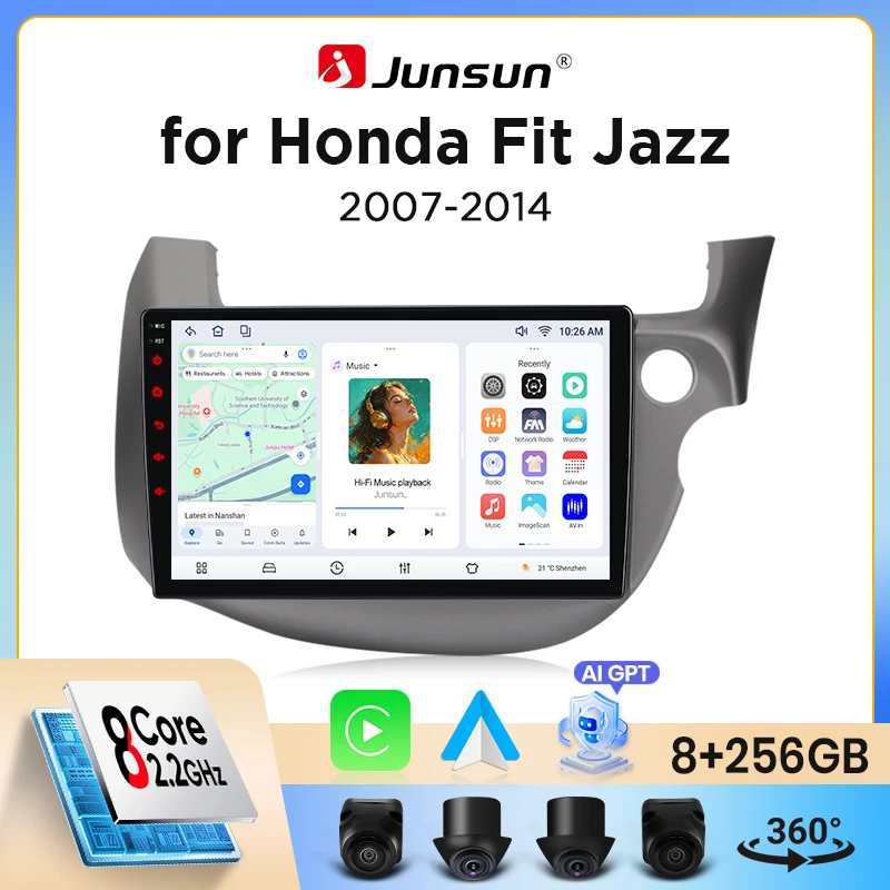 Junsun Wireless CarPlay Android Auto Autoradio für Honda Jazz Mk2 (GE) 2007-2014 mit eingebautem Lüfter, Android GPS-Navigation, Multimedia-Player, WiFi, DSP, RDS, BT, SWC, IPS-Touchscreen, Autoradio,