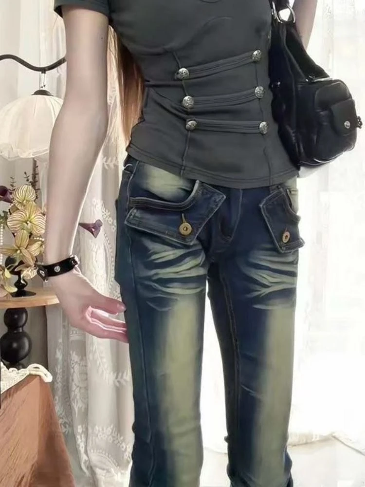 American Vintage Full Length Skinny Jeans Women Streetwear Y2k Retro Bodycon Denim Pants Button Patchwork Washed Distressed