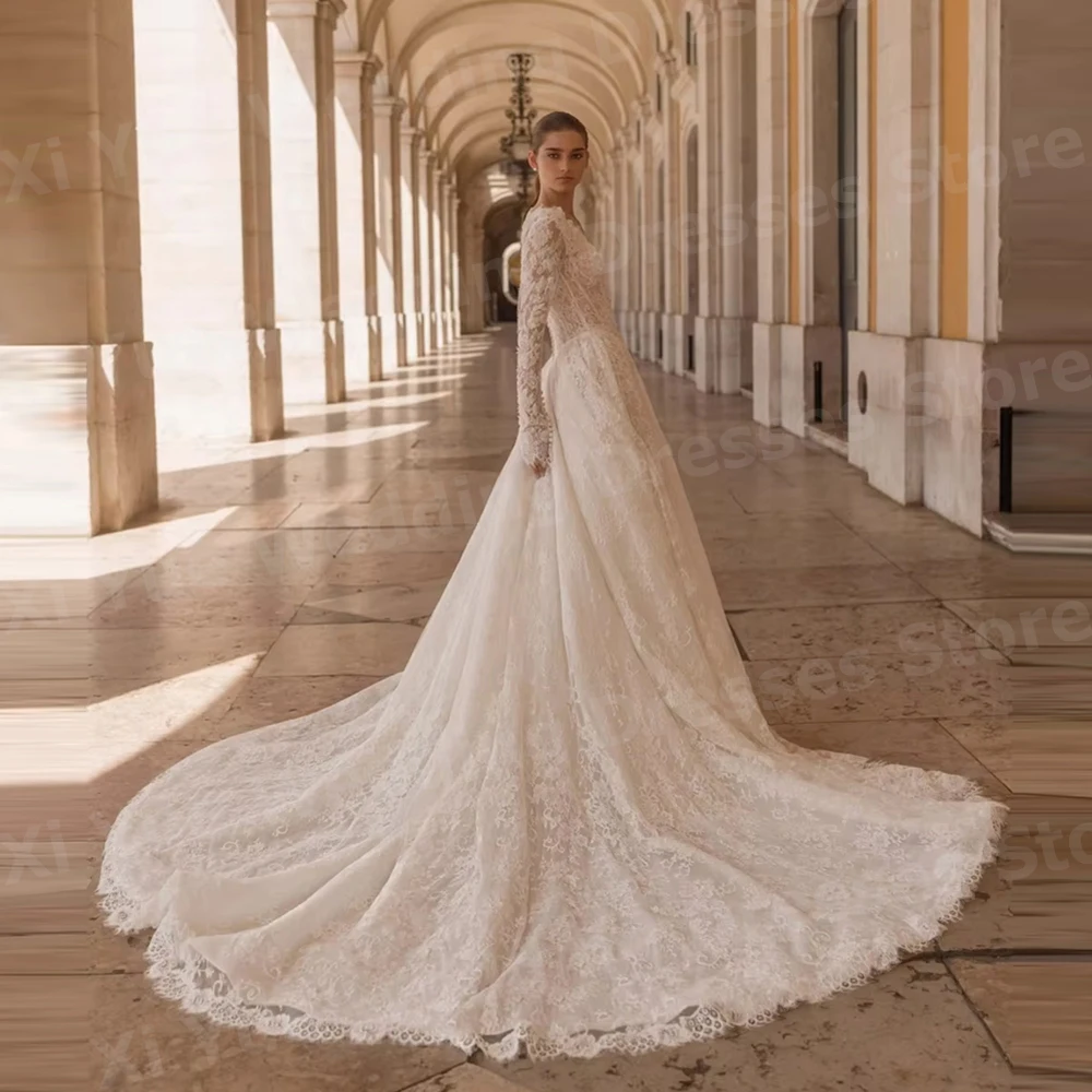 Luxurious A Line Women's Charming V Neck Long Sleeve Lace Wedding Dresses Vestido De Novia Bride Gowns Customized Robe De Mariée