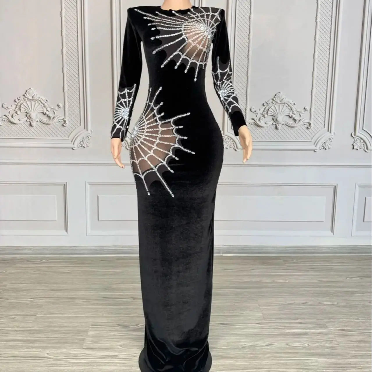 أسود العنكبوت ويب الماس فستان طويل مساء فستان المرأة ملهى ليلي بار Dj أداء المرحلة ازياء سحب الملكة الملابس #1