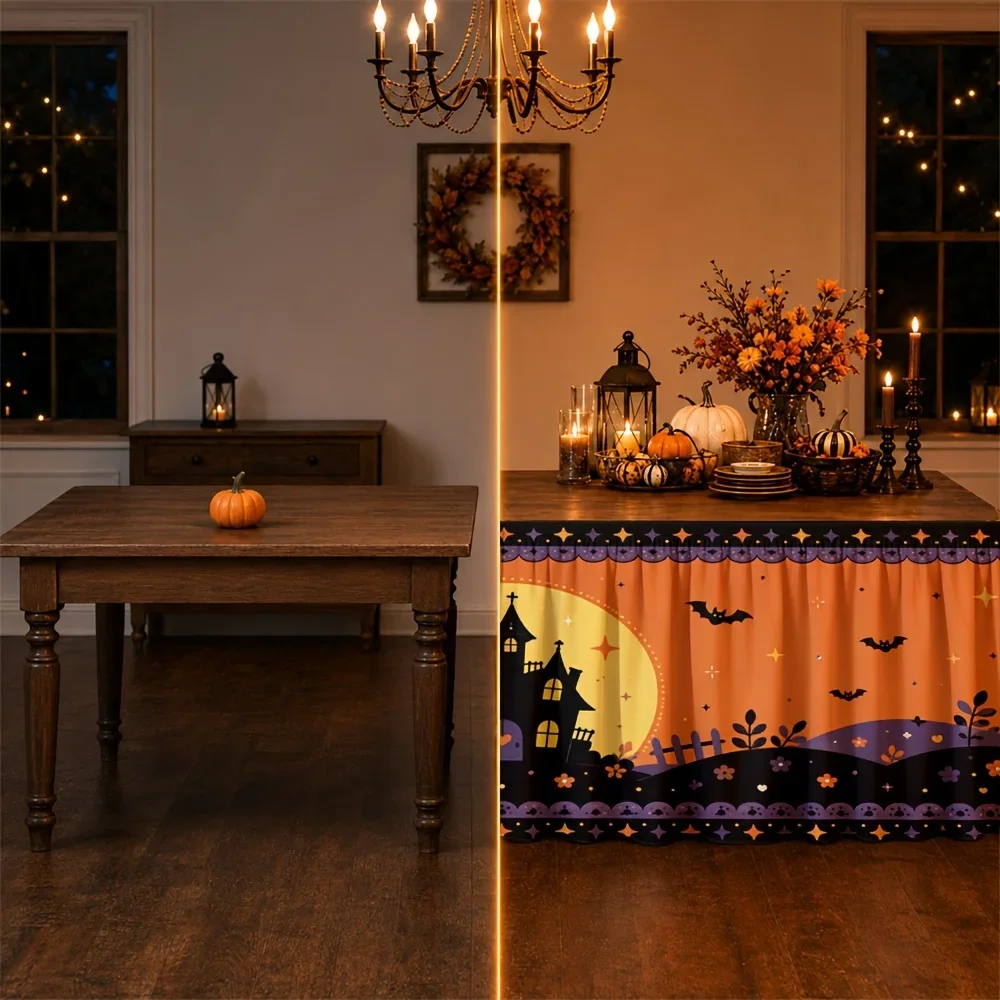 Send a tablecloth and table skirt 1 piece. Gothic style, Halloween castle, night sky, bats, stars, pumpkins.xzj