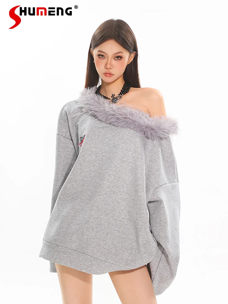 

Slanted Shoulder Tops Women's 2024 Autumn Winter New Thick Fur Collar Off-the-shoulder Sweatshirts Long-sleeve Loose Sportswears