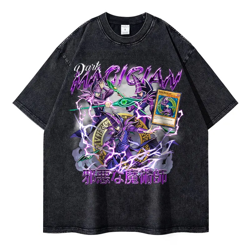 Anime Yu Gi Oh T Shirts Vintage Washed Black Magician T-shirt Oversized Streetwear Manga Yugi Mutou Short Sleeve Tops Tees