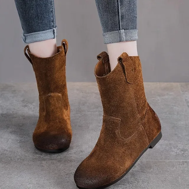 

Genuine Top Layer Cowhide Retro Mid-Calf Single Boot Women's Boots Soft Bottom New Style round Toe Low Heel Rubber Sole