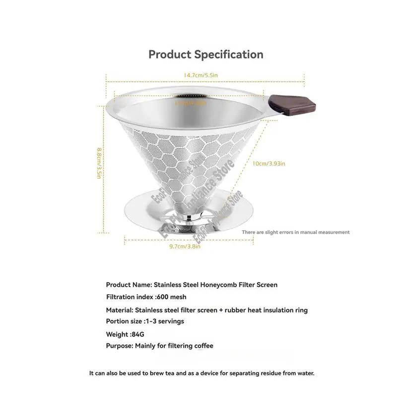 A73M-Pour أكثر من القهوة فلتر المنقط قابلة لإعادة الاستخدام الفولاذ المقاوم للصدأ بالتنقيط صانع القهوة مخروط القهوة شبكة مرشحات ل 1-4 كوب #1