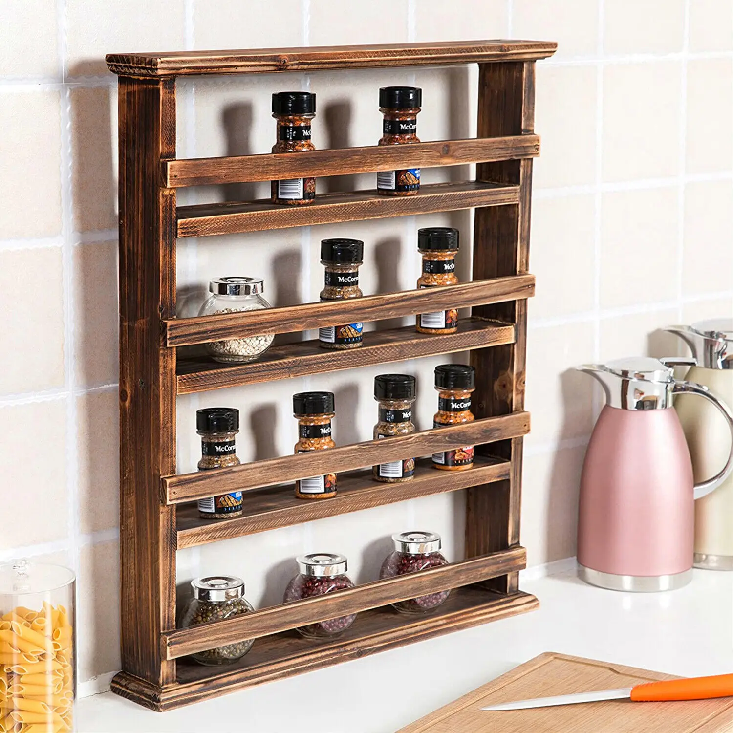 4 Tier Wood Spice Rack Desktop Wall Hanging Shelf Holder Kitchen Cabinet Flamed Organizer