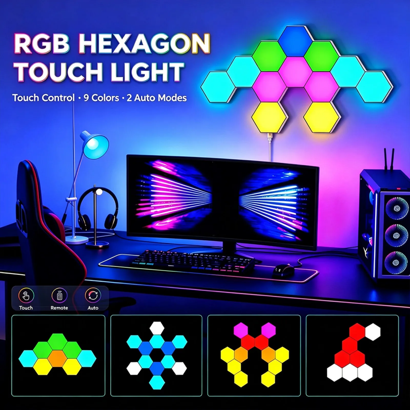 Hexagon RGB Wall Lights Touch and Remote Control Honeycomb LED Panel Lamp Ambient Lighting for Gaming Bedroom Studio Home Decor